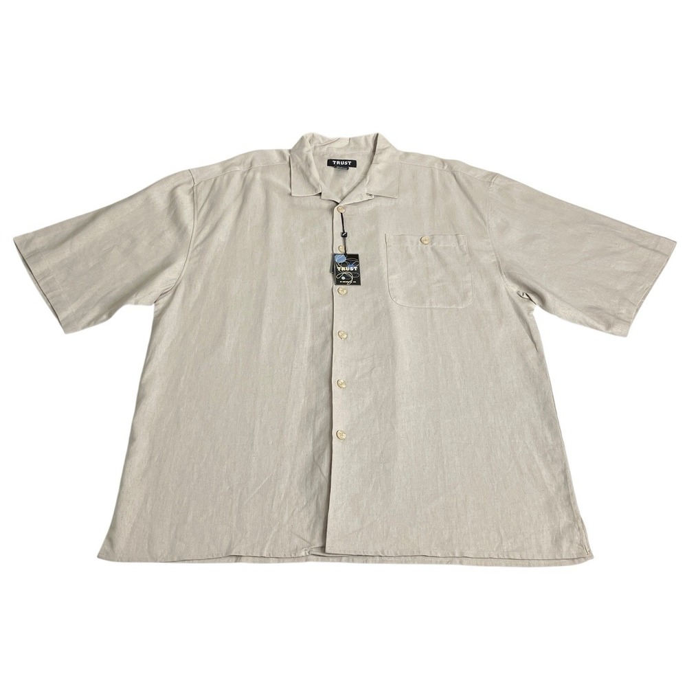 Trust Shirt Mens XXL Khaki Tan Linen Rayon‎ Casual Preppy Button Front Camp NWT